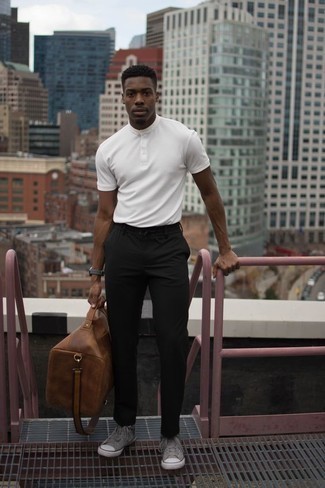 Men's Brown Leather Holdall, Grey Canvas High Top Sneakers, Black Chinos, White Henley Shirt