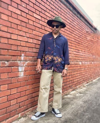 Men's Olive Wool Hat, Black and White Canvas High Top Sneakers, Beige Chinos, Navy Print Long Sleeve Shirt