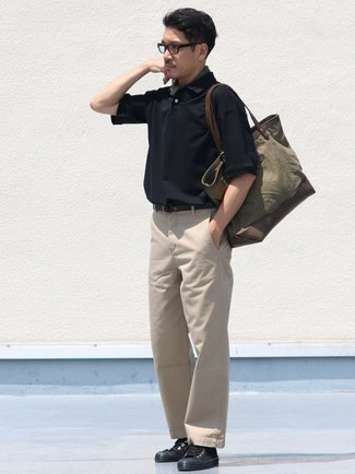 Men's Olive Canvas Tote Bag, Black Canvas High Top Sneakers, Beige Chinos, Black Polo