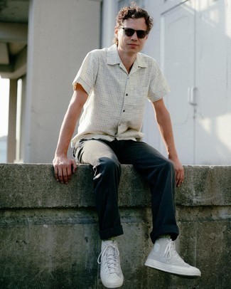 Men's Dark Brown Sunglasses, Grey Canvas High Top Sneakers, Navy Chinos, White Check Short Sleeve Shirt