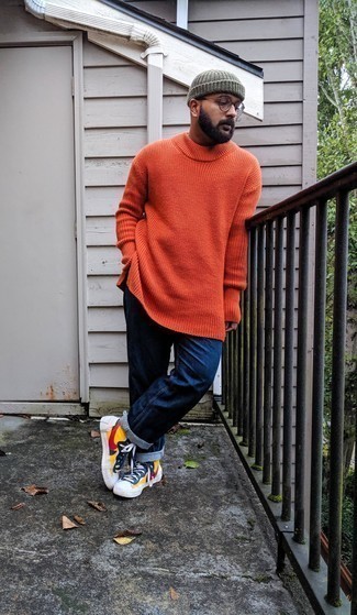 Men's Grey Beanie, Multi colored Canvas High Top Sneakers, Navy Jeans, Orange Crew-neck Sweater