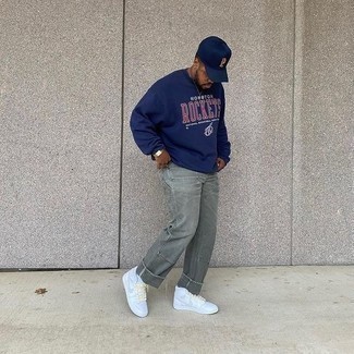 Men's Navy Baseball Cap, White Leather High Top Sneakers, Mint Jeans, Navy Print Long Sleeve T-Shirt