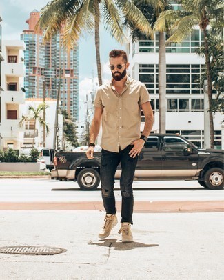 Beige Short Sleeve Shirt Outfits For Men: 