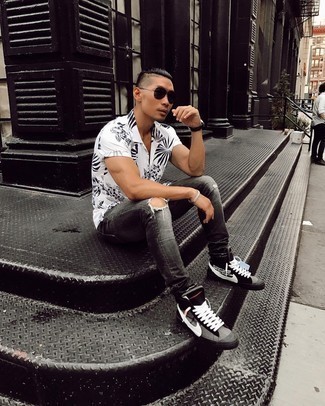 Men's Dark Brown Sunglasses, Charcoal Print Canvas High Top Sneakers, Charcoal Ripped Jeans, White and Black Floral Short Sleeve Shirt