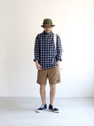 Men's White Canvas Tote Bag, Navy and White Canvas High Top Sneakers, Tan Shorts, Navy and White Plaid Long Sleeve Shirt