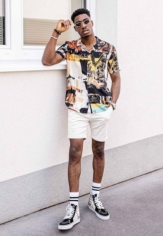 Men's Black Sunglasses, Black and White Canvas High Top Sneakers, White Shorts, Multi colored Print Short Sleeve Shirt