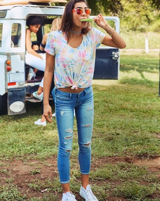 Multi colored Tie-Dye Crew-neck T-shirt Outfits For Women: 