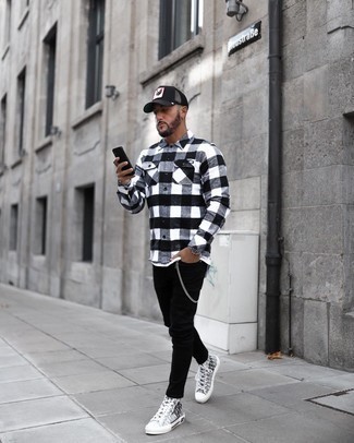 White and Black Check Long Sleeve Shirt Outfits For Men: 