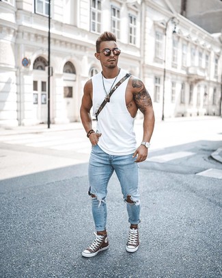 Men's Olive Canvas Messenger Bag, Brown High Top Sneakers, Light Blue Ripped Skinny Jeans, White Tank