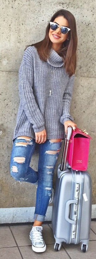 Women's Hot Pink Leather Satchel Bag, Grey High Top Sneakers, Blue Ripped Skinny Jeans, Grey Knit Turtleneck