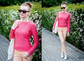Hot Pink Cable Sweater Outfits For Women: 