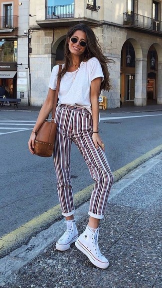 Women's Brown Leather Crossbody Bag, White Canvas High Top Sneakers, White and Red Vertical Striped Skinny Pants, White Crew-neck T-shirt