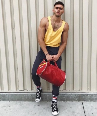 Men's Red Canvas Duffle Bag, Black Canvas High Top Sneakers, Charcoal Sweatpants, Yellow Tank