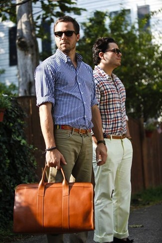 Men's Multi colored Canvas Belt, Tobacco Leather Holdall, Khaki Chinos, White and Blue Gingham Long Sleeve Shirt