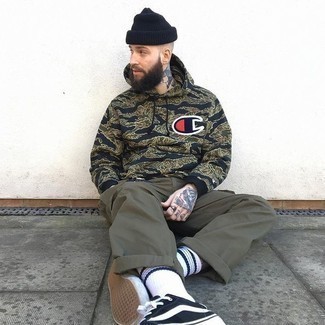 Men's Black Camouflage Hoodie, Olive Cargo Pants, Black and White Canvas Low Top Sneakers, Black Beanie