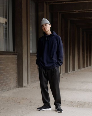 Men's Navy Hoodie, Black Chinos, Black and White Athletic Shoes, Grey Beanie