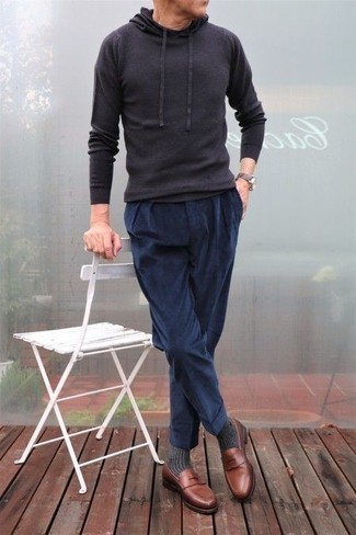 Men's Charcoal Hoodie, Navy Corduroy Chinos, Brown Leather Loafers, Brown Leather Watch