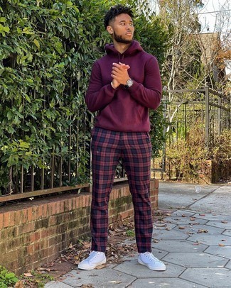 Men's Purple Hoodie, Red and Navy Plaid Chinos, White Canvas Low Top Sneakers, Black Leather Watch