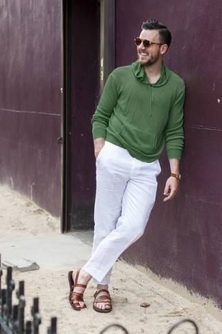Brown Leather Sandals Outfits For Men: Irrefutable proof that a green hoodie and white chinos are amazing when paired together in a casual ensemble. Why not complement your ensemble with brown leather sandals for a more laid-back vibe?