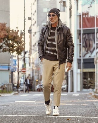 Dark Brown Leather Bomber Jacket with Khaki Chinos Outfits: 