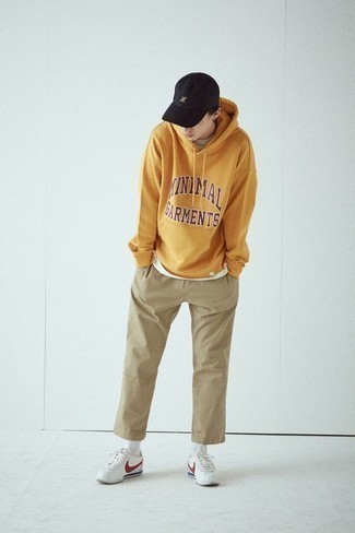 Men's Orange Print Hoodie, White Crew-neck T-shirt, Khaki Chinos, White and Red Leather Low Top Sneakers