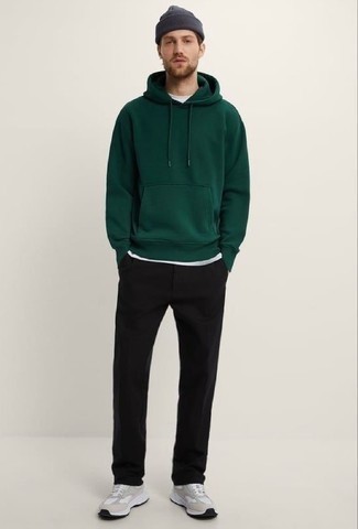500+ Spring Outfits For Men: A dark green hoodie and black chinos are certainly worth adding to your list of true casual essentials. You know how to tone it down: grey athletic shoes. So as you can see here, it's a neat, not to mention spring-appropriate, combo to have in your transitional closet.
