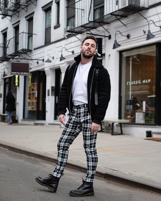White and Black Check Chinos Outfits: Beyond stylish and practical, this casual combination of a black hoodie and white and black check chinos brings variety. For a modern hi-low mix, introduce black leather casual boots to the mix.