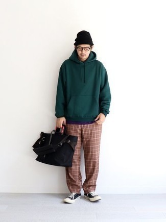 Men's Dark Green Hoodie, Violet Crew-neck T-shirt, Brown Plaid Chinos, Black and White Canvas Low Top Sneakers