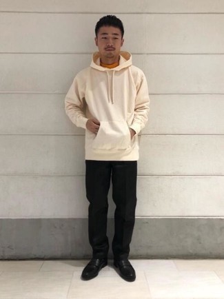 Beige Hoodie Outfits For Men: Want to inject your menswear collection with some effortless dapperness? Marry a beige hoodie with black chinos. Black leather loafers are a fail-safe way to inject a dash of polish into your outfit.