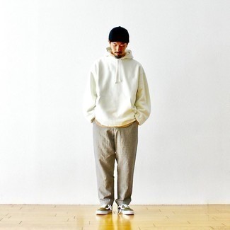 Men's White Hoodie, Tan Crew-neck T-shirt, Grey Chinos, Olive Canvas Low Top Sneakers