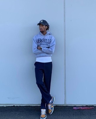 Men's Grey Print Hoodie, White Crew-neck T-shirt, Navy Chinos, Multi colored Leather Low Top Sneakers