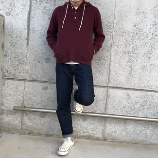 Burgundy Hoodie Outfits For Men: Wear a burgundy hoodie and navy jeans to create an everyday ensemble that's full of charisma and character. Throw a pair of white canvas low top sneakers in the mix and the whole ensemble will come together.