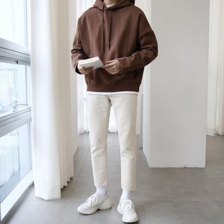Men's Brown Hoodie, White Crew-neck T-shirt, White Jeans, White Athletic Shoes
