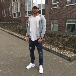 Charcoal Baseball Cap Outfits For Men: Putting together a grey hoodie with a charcoal baseball cap is a wonderful choice for a laid-back and cool getup. A pair of white athletic shoes will take this look down a dressier path.