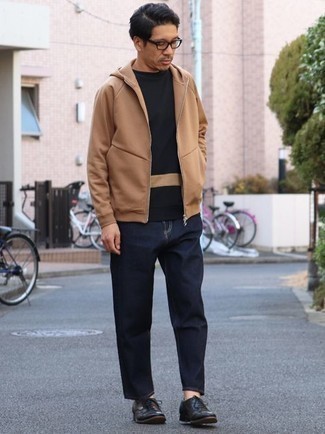 Beige Hoodie Outfits For Men: A beige hoodie and navy jeans are absolute menswear essentials if you're figuring out a casual wardrobe that holds to the highest fashion standards. Black leather oxford shoes will bring some extra polish to an otherwise utilitarian look.