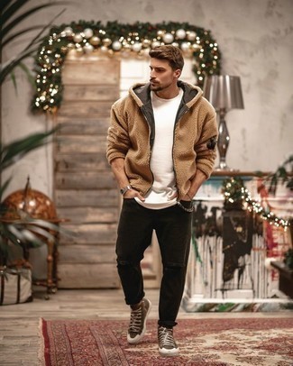 Men's Tan Fleece Hoodie, White Crew-neck T-shirt, Black Ripped Jeans, Brown Canvas High Top Sneakers
