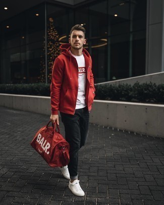 Red Canvas Duffle Bag Outfits For Men: For an off-duty look, marry a red hoodie with a red canvas duffle bag — these items work nicely together. Serve a little mix-and-match magic by rounding off with a pair of white canvas low top sneakers.