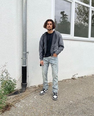 Men's Charcoal Hoodie, Black Crew-neck T-shirt, Light Blue Jeans, White and Black Leather Low Top Sneakers