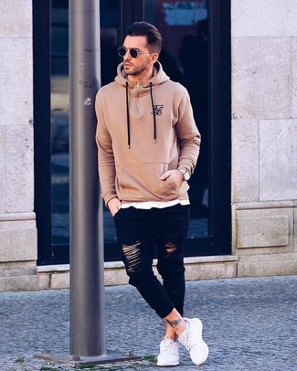 Men's Tan Hoodie, White Crew-neck T-shirt, Black Ripped Skinny Jeans, White Canvas Low Top Sneakers