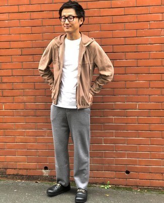 Men's Tan Hoodie, White Crew-neck T-shirt, Grey Sweatpants, Black Leather Loafers