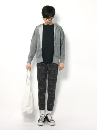 Men's Grey Hoodie, Black Crew-neck T-shirt, Charcoal Sweatpants, Black and White Canvas Low Top Sneakers