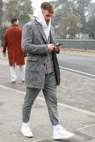 White Hoodie with Grey Plaid Overcoat Outfits: 