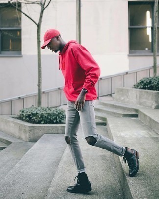 Men's Hot Pink Hoodie, Grey Ripped Jeans, Black Leather Casual Boots, Hot Pink Baseball Cap
