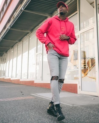 Men's Hot Pink Hoodie, Grey Ripped Jeans, Black Leather Casual Boots, Hot Pink Baseball Cap