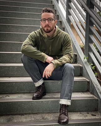 Charcoal Jeans Outfits For Men: An olive tie-dye hoodie and charcoal jeans are among the crucial pieces in any gentleman's versatile casual sartorial arsenal. Dark brown leather casual boots are a simple way to punch up your look.
