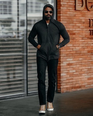 Black Pants with Brown Shoes Outfits For Men: A charcoal hoodie and black pants are veritable menswear essentials if you're crafting a casual closet that holds to the highest fashion standards. Introduce a pair of brown canvas high top sneakers to your look for an instant style fix.