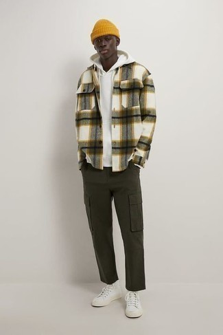 Men's White Hoodie, Olive Plaid Flannel Long Sleeve Shirt, Olive Cargo Pants, White Canvas High Top Sneakers