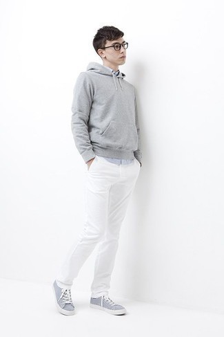 Light Blue Canvas Low Top Sneakers Outfits For Men: This combo of a grey hoodie and white chinos is effortless, sharp and extremely easy to recreate. A pair of light blue canvas low top sneakers integrates effortlessly within a multitude of getups.