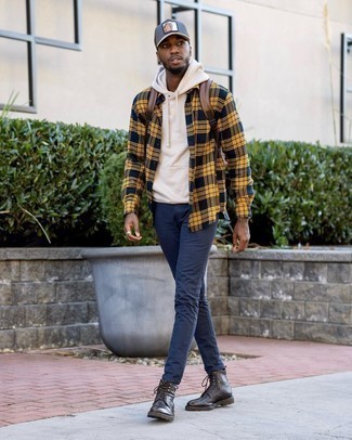Beige Hoodie with Navy Plaid Long Sleeve Shirt Outfits For Men (3 ideas &  outfits)