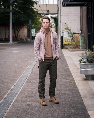 Tan Hoodie Outfits For Men: Try pairing a tan hoodie with dark green chinos to feel fully confident and look casually dapper. For a more refined feel, introduce brown suede casual boots to the mix.